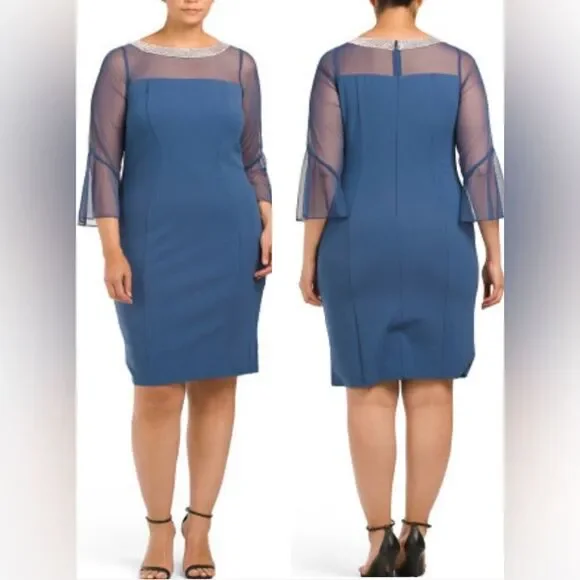 sachin and babi light blue dress Alex Evenings Petite Size Crepe Asymmetric Embellished Neck Cap Sleeve  Sheath Dress